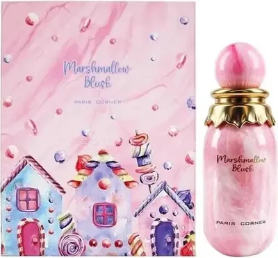 A perfume bottle and its packaging, both featuring a whimsical, candy-themed design with pastel colors and illustrations of gingerbread houses and marshmallows.