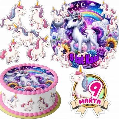 Produktbild von Zestaw Opłatek Na Tort 20Cm + 16 Postaci - Jednorożec + Imię 15Cm 18Cm