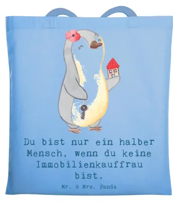Produktbild von Mr. & Mrs. Panda Jutebeutel Immobilienkauffrau Herz - Sky Blue - Geschenk, Tote Bag, Immobilienmaklerin, Tasche, Spruch, Ausbildung, Laptoptasche, Büchertasche, Shopping
