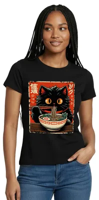 Produktbild von Spreadshirt Flauschige Ramen Katze Im Japan Style Frauen T-Shirt, M, Schwarz