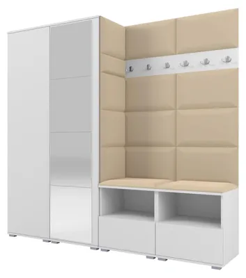 Obrázek produktu pro Šatní skříň NELA VI 200 cm, kompaktní šatní skříň, bílá, se zrcadlem a sedákem, béžová 04 (skříň a panel)