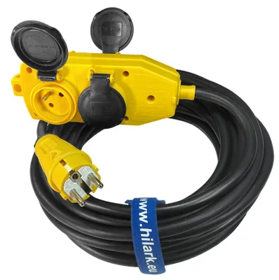 Produktbild von Gelber Verteiler / Mehrfachverteiler und Stecker Gummi-Verlängerungskabel 3x2,5 25m