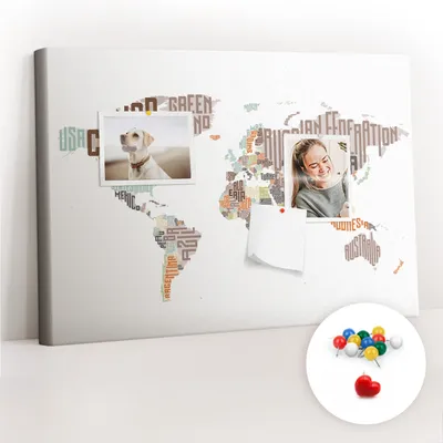 Obrázek produktu pro Korková nástěnka s kolíčky - Tabule s kolíky pro fotografie a poznámky - 60x40 cm - Připínáčky barevné 100 kusů - Mapa z barevných písmen