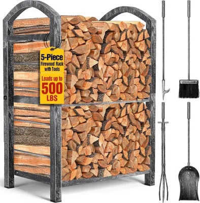 Zdjęcie produktu dla Stojak na drewno kominkowe z 4 narzędziami 74x40x30cm do użytku wewnątrz i na zewnątrz pomieszczeń