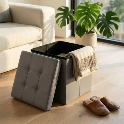 Immagine prodotto di Milani Home - pouf quadrato, ecopelle, seduta poggiapiedi, grigio, 38 x 38 x 38 cm