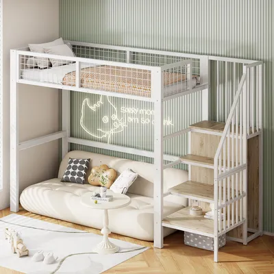Image de OKWISH Lit Mezzanine 90x200 cm - Lit Enfant avec Échelle Sécurisée et Rangement Intégré, Armoire et Étagères, Blanc, Sans Matelas