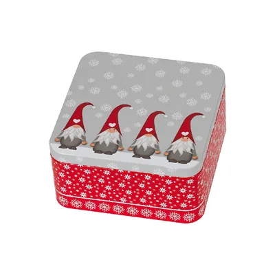 A square tin box with a Christmas theme, featuring gnomes and snowflakes.