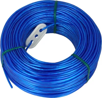 A coiled blue clothesline with a white plastic tensioner.