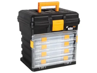 Produktbild von Perel Sortimentkoffer 31,5 Liter mit 4 herausnehmbaren Sortierboxen, transparenter Deckel,