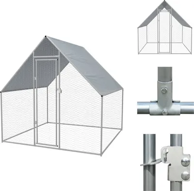 A large outdoor chicken coop with a grey fabric roof and wire mesh walls, shown from the front. Several close-up shots of the metal frame connectors and latch are also included on the right side of the image.