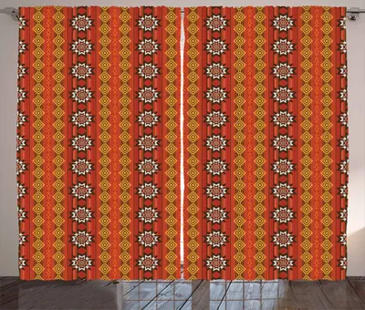 Produktbild von ABAKUHAUS Orange Rustikaler Vorhang, Traditionelles Motiv, Wohnzimmer Universalband Gardinen mit Schlaufen und Haken, 280 x 260 cm, Orange Gelb und Weiß