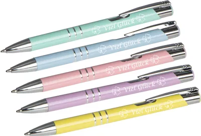 Produktbild von 5 Kugelschreiber mit Gravur "Viel Glück" / aus Metall / 5 Pastell-Farben