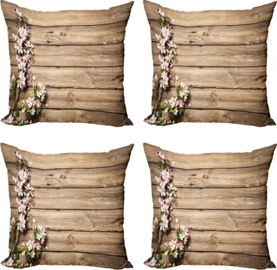 Produktbild von ABAKUHAUS Rustikal Kissenbezug Set (4 Stück), Blooming Orchard Frühling, Moderner Doppelseitiger Digitaldruck, 40 cm x 40 cm, Rosa, Braun, Grün