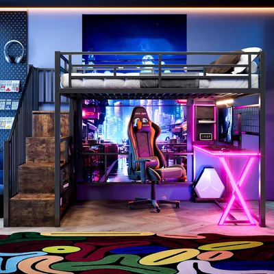 Obrázek produktu pro okwish Patrová postel, 140 × 200 cm, úložné schody, psací stůl, skříň na šaty, regál, bez matrace, podpěrná noha s LED osvětlením, černá