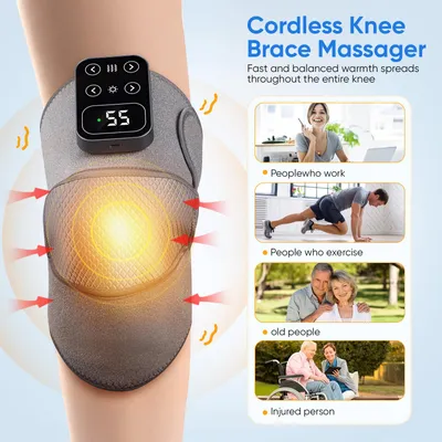 Image de Genouillère chauffante - Appareil de massage pour les genoux rechargeable - Fonctionnement sur batterie - Batterie incluse - Soulagement de la douleur - Gris
