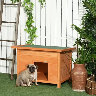 Zdjęcie produktu dla PawHut Outdoor Dog Kennel, drewniana buda dla psa z otwieranym dachem z asfaltu, wodoodporna jaskinia dla psa z podniesioną podłogą, buda dla małych psów, żółta, 82 x 58 x 58 cm