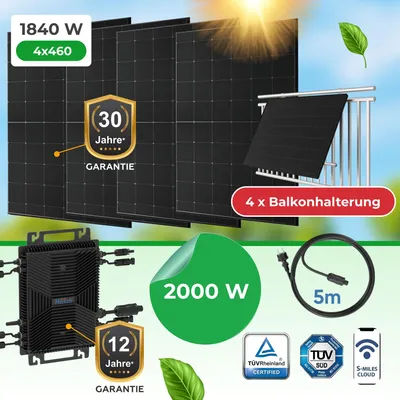 Produktbild von Balkonkraftwerk 1840 W Komplettset – 4x 460 W bifaziale Glas-Glas Full Black Module mit HSEU-2000 W WLAN-Wechselrichter (Inkl. Balkonhalterung)