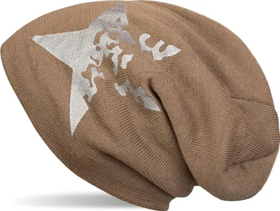 Produktbild von styleBREAKER warme Feinstrick Beanie Mütze mit Vintage Stern Print und sehr weichem Innenfutter, Slouch Longbeanie, Uni 04024088