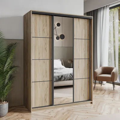 Produktbild von Masseno Schiebetürenschrank VARO 150/205/60 cm Kleiderschrank mit Schubladen Schlafzimmer Schrank 3-türig mit Spiegel Sonoma Eiche + Schwarz
