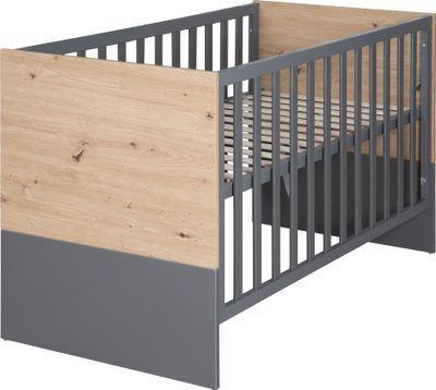roba 2 in 1 Baby- & Beistellbett Anna - 6-fach Höhenverstellbar - 5 Schlupfsprossen - inkl. Lattenrost, 60 x 120 cm, Anthrazit / Nachbildung in Kent Eiche