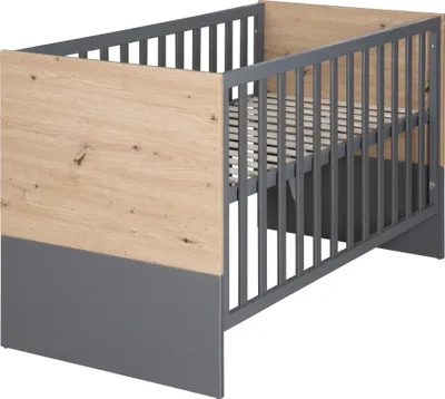 A baby crib shown from a side-diagonal angle against a white background.