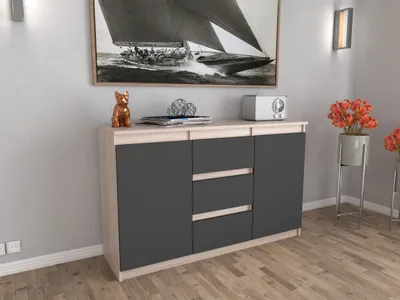 Zdjęcie produktu dla AZ team ® Duża Komoda z Szufladami SONOMA ANTRACYT Szafka 120CM Bezuchwytowa do Salonu i Sypialni 2 drzwi 3 szuflady