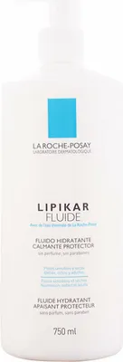 A white pump bottle of La Roche-Posay Lipikar Fluide.