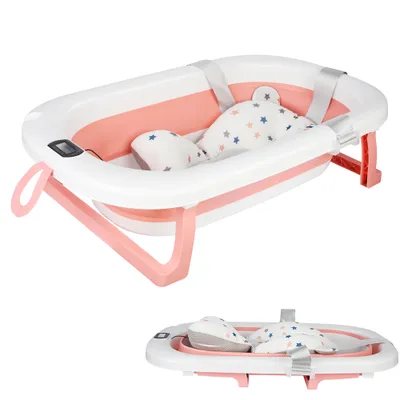 Produktbild von Faltbare Babybadewanne mit rutschfestem Badekissen,Badewanne XXL mit Thermometer,Kinderbadewanne mit Abflussloch für 0-24 Monate (Rosa)