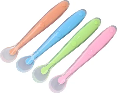 Immagine prodotto di 4 pezzi cucchiaio in silicone per bambini, morbido, lavabile, manico ergonomico, resistente agli oli, per l'alimentazione di bambini e neonati