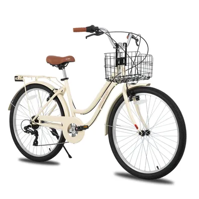 Produktbild von Hiland 26 Zoll 7 Gang Pendler Stadtfahrrad für Männer und Frauen, Step-Through Rahmen Cityräder für Erwachsene mit Gepäckträger und Korb, Fender
