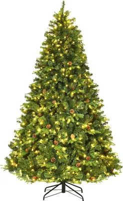 A full shot of a decorated artificial Christmas tree.