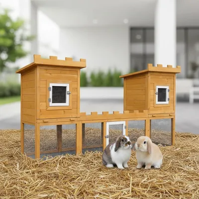 Two rabbits are sitting in front of a wooden rabbit hutch designed to look like a castle.
