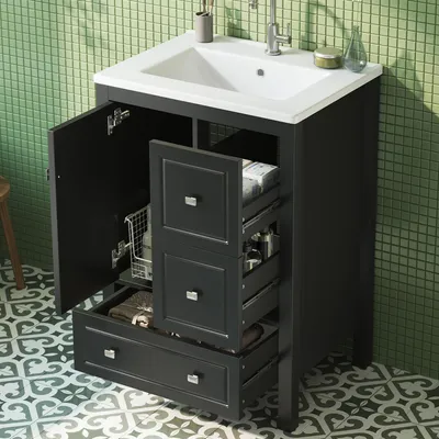 Produktbild von Flieks freistehender Badezimmerwaschtisch mit auslaufsicheres Keramikbecken, drei Schubladen, eine Tür, Waschtisch 62x47x90cm, Schrank, Schwarz