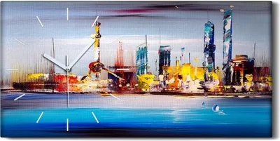 Produktbild von Wanduhr Bürouhr Leinwand Bild 60x30 Malerei Abstrakte Stadt Gebäude See Kunst - weiße Hände