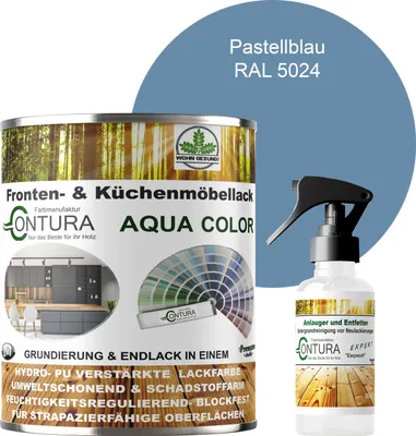 Produktbild von 750ml. + Anlauger - Contura Küchenmöbellack RAL Möbellack SEIDENMATT SET Möbelfarbe Holzlack Buntlack Küchenlack - RAL 5024 Pastellblau