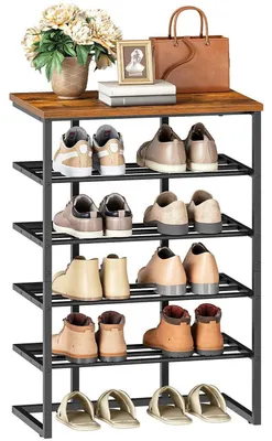 Image de Étagère à chaussures de style industriel, 5 niveaux, couleur vintage marron et noir, en métal