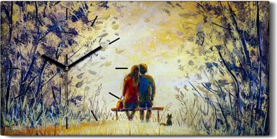 Produktbild von Wohnzimmer-Bild Leinwand Uhr Geräuschlos 60x30 Ölgemälde Paar Bäume Bank - schwarze Hände