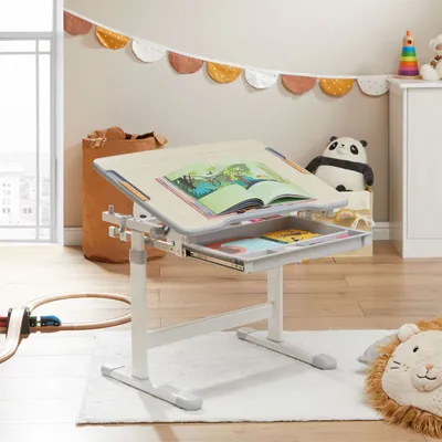 Produktbild von Kinderschreibtisch VITA Sonoma Eiche/grau höhenverstellbar und neigbar, Schreibtisch für Kinder mit Schublade, Tisch mit Rinne für Stifte und Rucksackhalterung