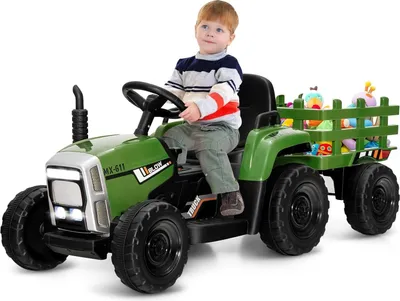Produktbild von GOPLUS Elektrofahrzeuge mit Anhänger, 3-Gang Elektroauto Traktor mit Fernbedienung, LED-Licht & Musik & Bluetooth, für Kinder ab 3 Jahren, bis 30 kg (Dunkelgrün)