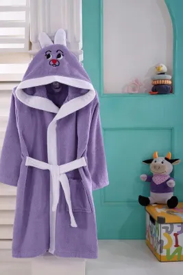 Immagine prodotto di Accappatoio da bagno per bambini Sns con cappuccio, motivo con coniglietti, cotone, viola e bianco, 3-4 anni