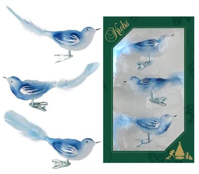 Produktbild von Krebs Glas Lauscha Weihnachtsbaumschmuck 3er Set - Vögel Blau auf Clip - aus Glas - ca. 11 cm