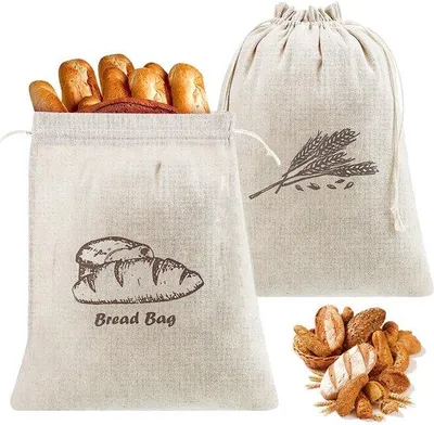 Productafbeelding van Unyqoos® 2-delige set ademende broodzakken van katoen, 44 x 29 cm – geschikt voor voedsel, wasbaar, houdt voedsel vers