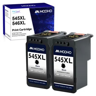 Two black ink cartridges and their packaging are displayed against a white background.