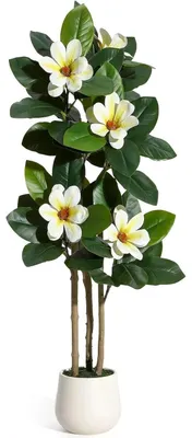 Produktbild von Künstlicher Gummibaum - Zimmerpflanze im Topf 120 cm - Mehrstämmig - Realistische Blätter - Weiße Blüten - Pflegeleicht für Wohn- und Büroraum - Weiß