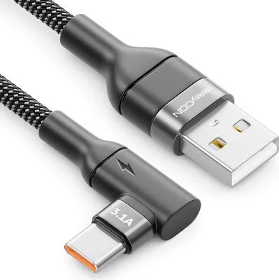 Produktbild von deleyCON 2m USB C Kabel Winkel 90 Grad USB-A auf USB-C Ladekabel Datenkabel Gewinkelt für iPhone 17 16 15 Pro Max Air Galaxy A16 A56 S25 S24 S23 Pixel AirPods Notebook PS5