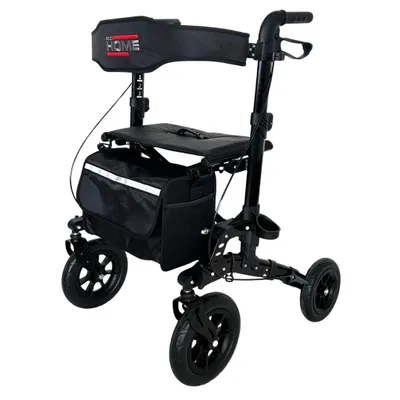 Produktbild von abc HOME Outdoor Rollator – Geländerollator aus Aluminium bis 135 kg – Mit Federung, großen Vollgummireifen, Tasche & Gehstockhalter – Faltbar