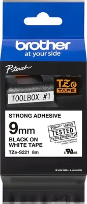 Produktbild von Brother TZe-S221 - Extra starker Klebstoff - Schwarz auf Weiß - Rolle (0,9 cm x 8 m) 1 Kassette(n) laminiertes Band - für Brother PT-D210, D600, H110, P-Touch PT-1005, 1880, E800, H110, P-Touch Cube Plus PT-P710