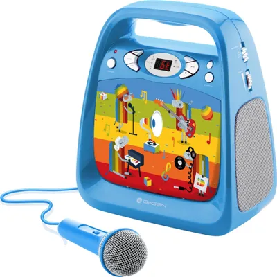 A blue karaoke machine with a colorful musical band illustration and a connected microphone.