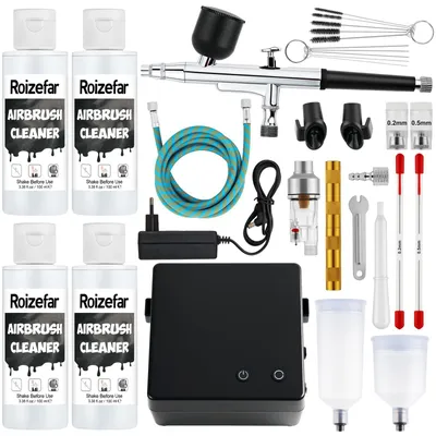 Airbrush-Set mit Kompressor, 55 psi, 0,2/0,3/0,5 mm Düsen, 4x100 ml Reiniger
