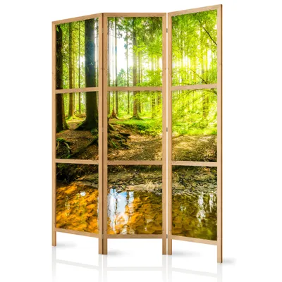 Produktbild von Paravent 135x171 cm 3-teilig einseitig eleganter Sichtschutz Raumteiler Trennwand Raumtrenner Holz Design Motiv Deko Home Office  Wald Botanik Natur c-B-0183-bh-b
